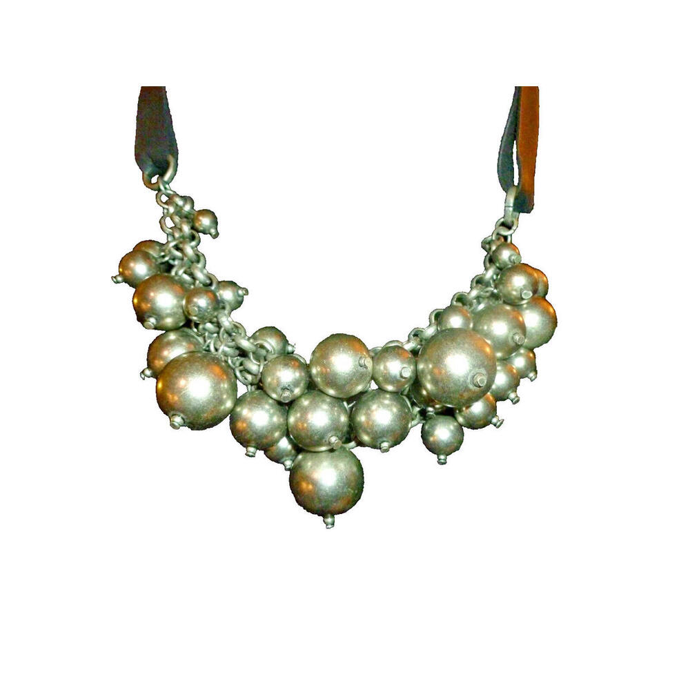 Vintage Leather Silver tone Necklace 16"‎ Beaded Cluster